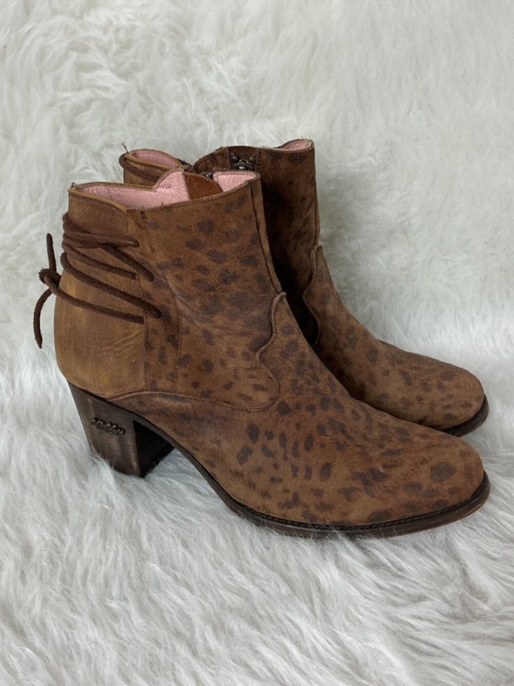 Miss Macie Well I'll Be Brown Leopard Suede Lace Up Back Ankle Boots Western 9B